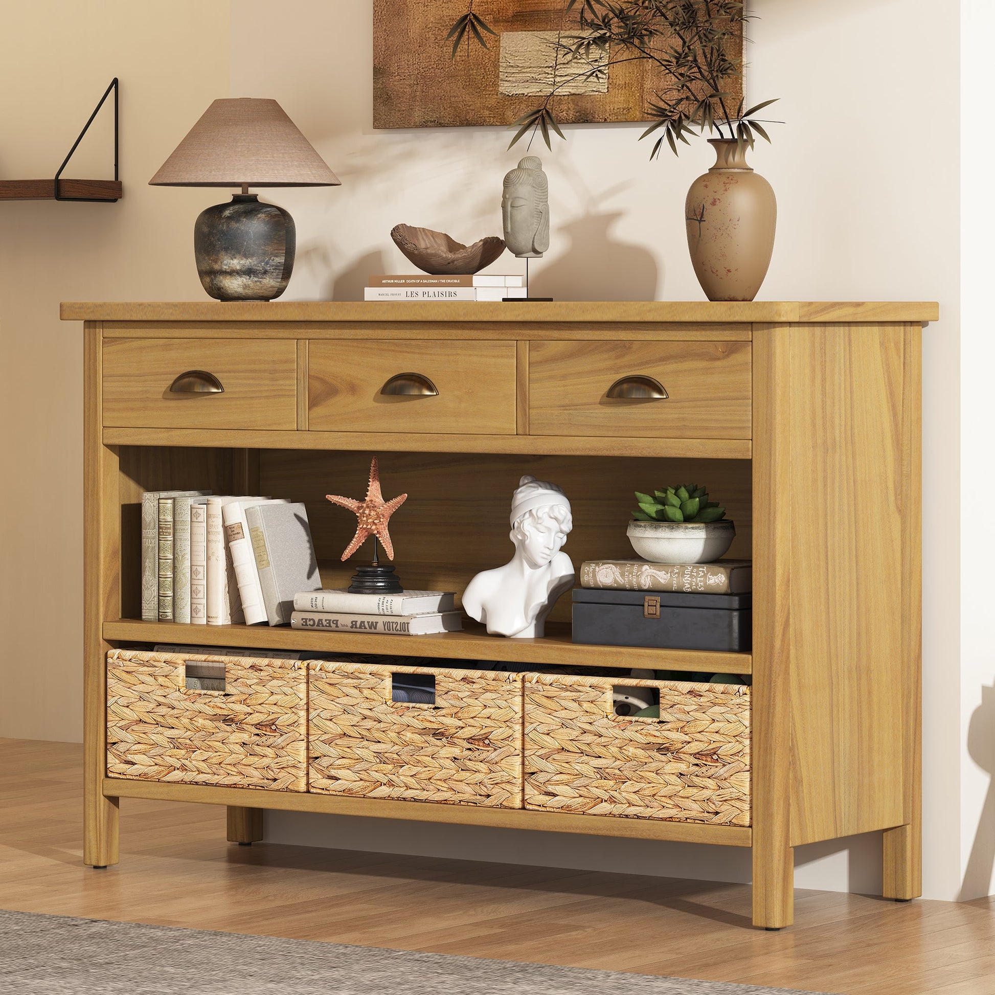 TREXM Retro Console Table with 3 Storage Drawers, Entryway Table with 3 Water Hyacinth Woven Baskets,Wooden Accent Sofa Table Buffet Cabinet for Entryway, Hallway and Living Room (Natural) SolidRoot Buy Furniture USA