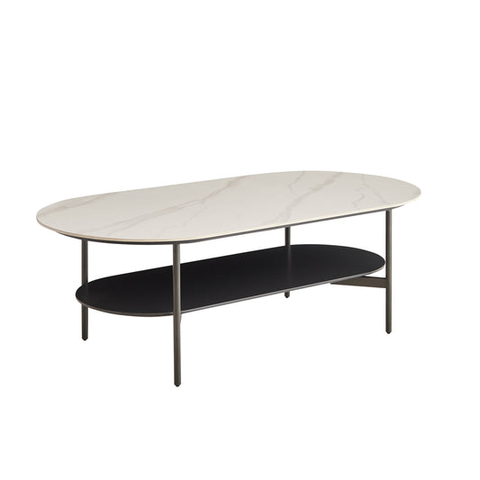 Contemporary Coffee Table Sintered Stone Surface with White Ceramic Finish Double Layer Design  MDF Base Matte Dark Grey Shelf Modern Living Room Center Table SolidRoot Buy Furniture USA