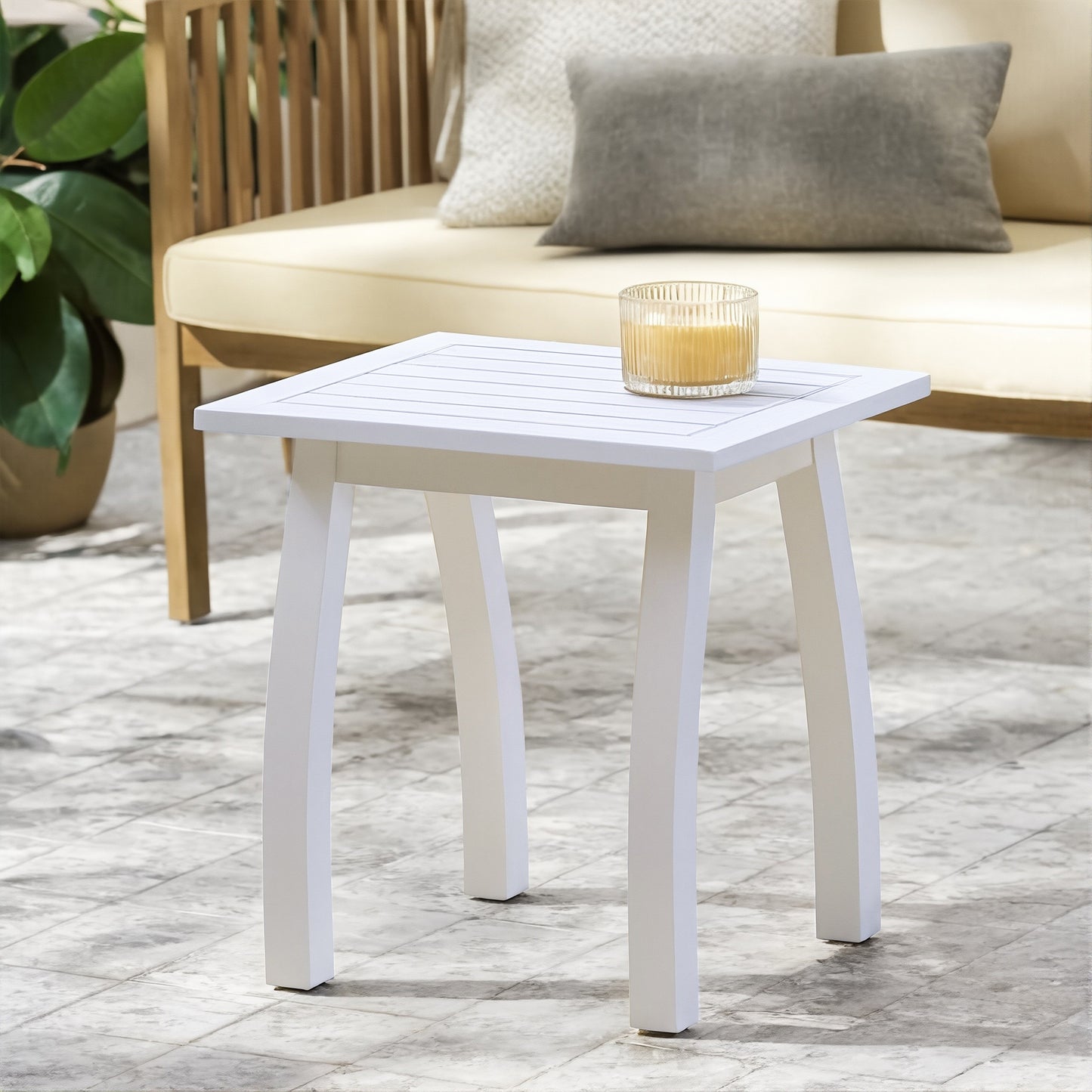SELMA Acacia wood Accent Side Table in White PU, Weather-Resistant Rectangular End Table for Patio, Garden, Lawn, and Living Room(White PU) SolidRoot Buy Furniture USA