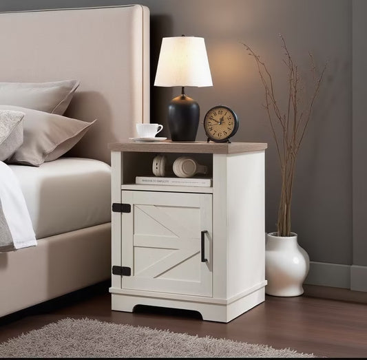 Farmhouse Nightstand , Beside Table with Barn Door, Modern End Side Table with Storage for Bedroom, Office