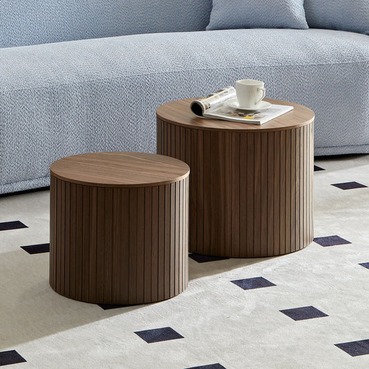 MDF nested table set 2 pieces, handcrafted round coffee table in living/lounge area, walnut color