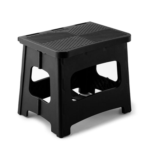 11in Folding Step Stool, Compact, Portable, Non-Slip, 300 lbs. weight capacity for adults and children. Secure non-slip top and rubber feet, great for home and camping, black color Livingsource