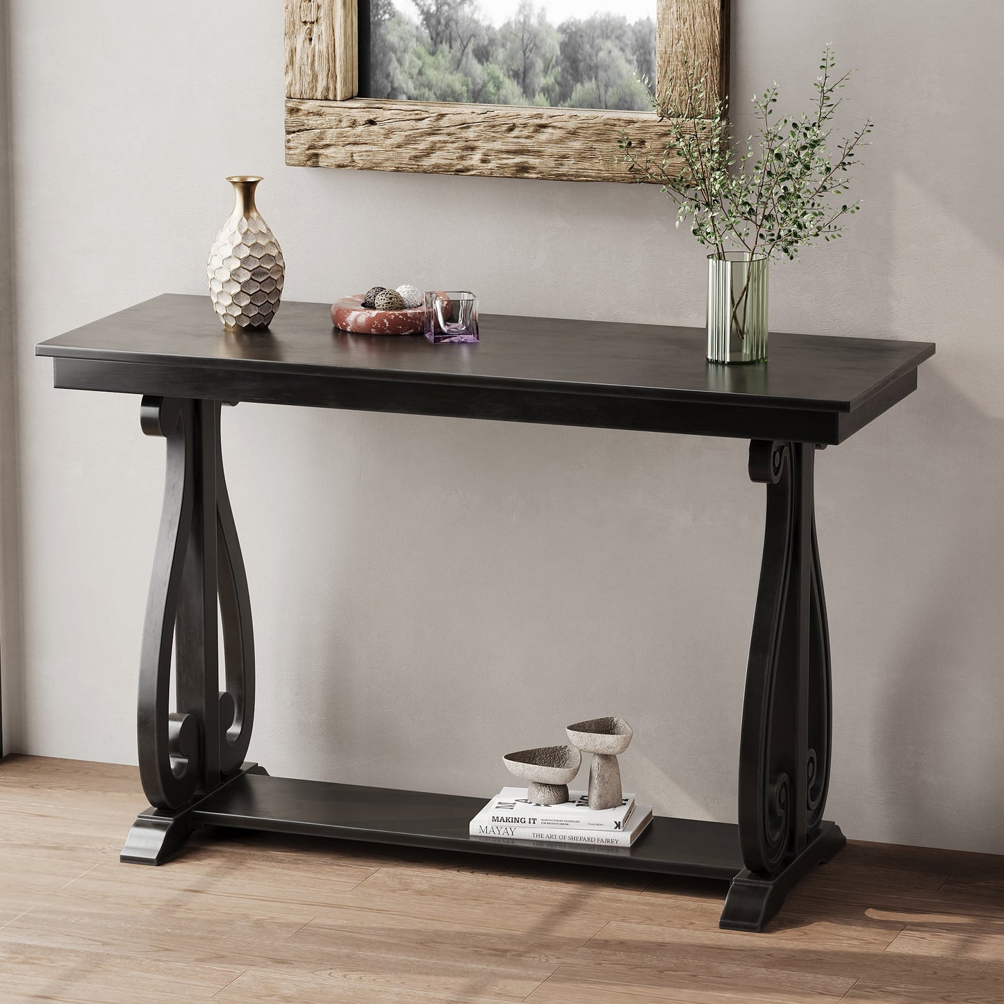 TREXM 48-Inch Rustic Vintage Console Table --- Farmhouse Style Entryway Table with Open Shelf and Sturdy Construction for Entryway and Living Room (Black) SolidRoot Buy Furniture USA