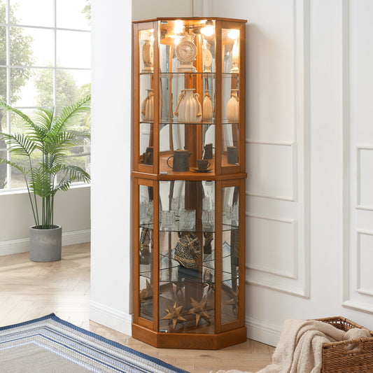 6 Shelf Corner Curio Display Cabinet with Lights, Mirrors and Adjustable Shelves, Oak(E26 light bulb not included) SolidRoot Buy Furniture USA