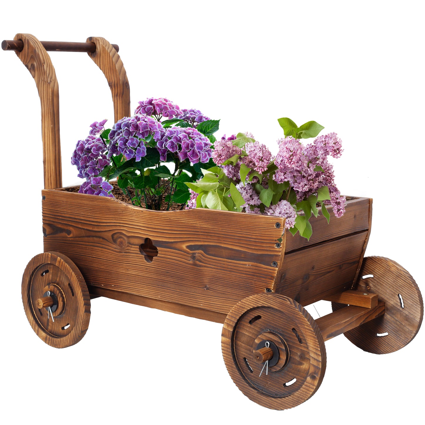 Wooden Wagon Planter Box, Mobile Garden Planter with 4 Wheels, Handle, Drain Hole, Decorative Flower Planter for Indoor & Outdoor Decor, Wooden Flower Cart for Patio, Garden, Balcony, Brown