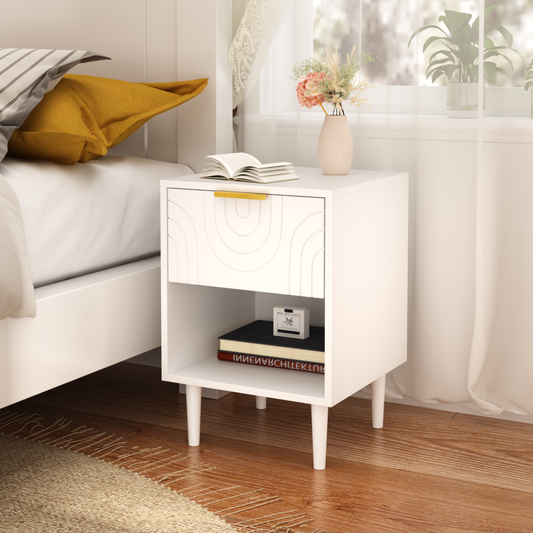 22.83'' H Modern White Nightstand with One Drawer and Open Shelf, Gold - Accented Handle, Ideal for Bedroom Decor SolidRoot Buy Furniture USA