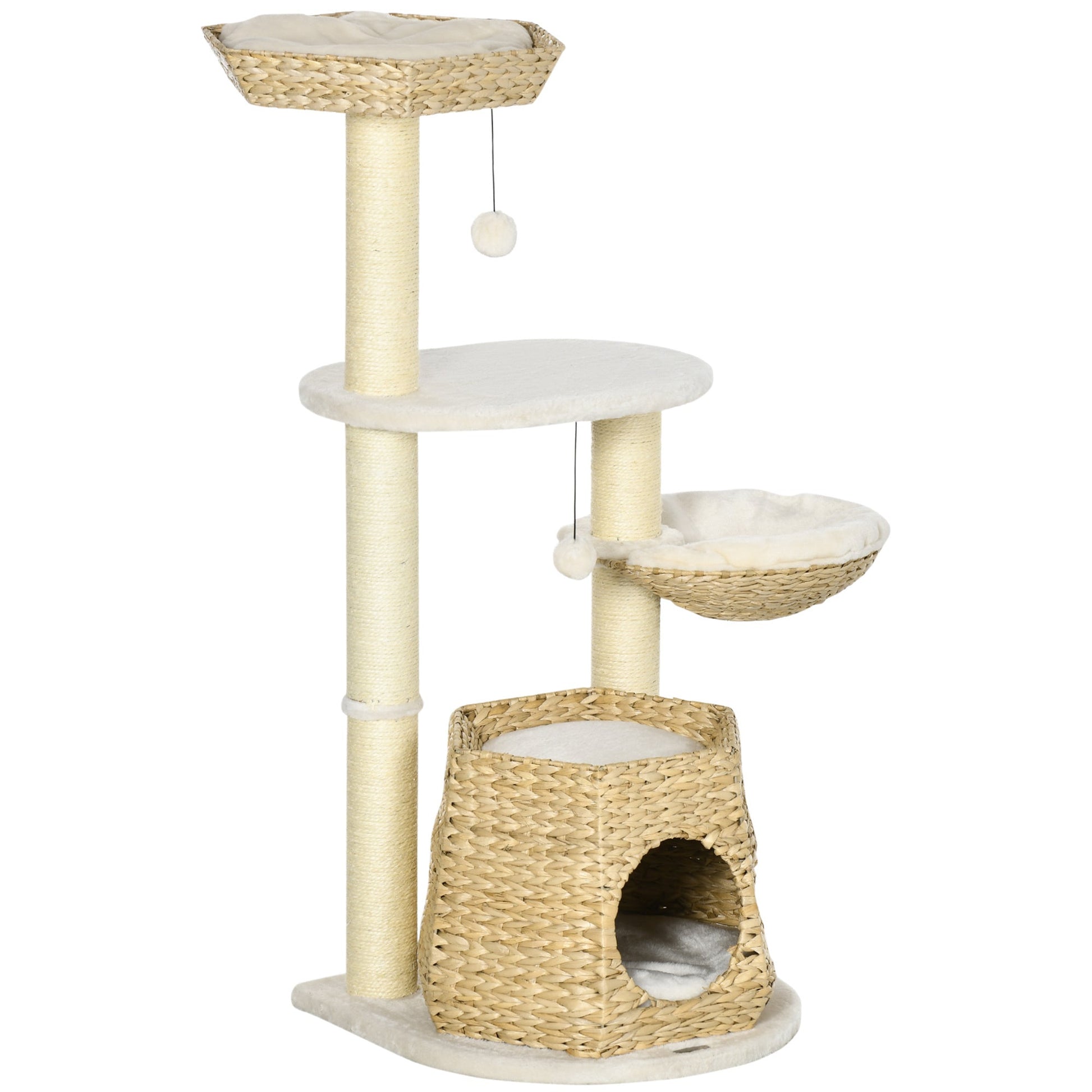 PawHut 47' Cat Tree Kitty Activity Center, Cat Climbing Toy with Cattail Fluff, Bed, Condo, Sisal Scratching Post, and Hanging Ball, Natural SolidRoot Buy Furniture USA