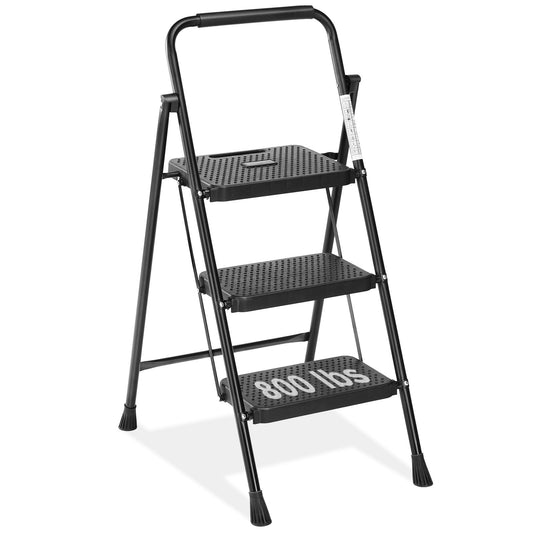 3 Non-slip step ladder, quick folding steel ladder Sturdy metal supported household tools for home/office work at altitude, portable step tools Livingsource