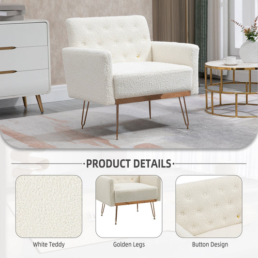 COOLMORE  Armchair Single Sofa Modern Tufted Upholstered Side Reading Chairs with Arm and Gold Metal Leg for Living Room Bedroom (White teddy ) Livingsource