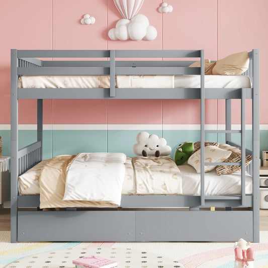 full Over full Rubber Wood Bunk Bed with 2 Drawers, Convertible into 2 full Beds, full Size Bunk Bed with Ladder and Safety Guardrails ,Grey SolidRoot Buy Furniture USA