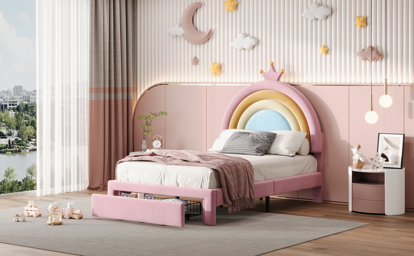 Twin Size Upholstered Rainbow Design Bed, Velvet Princess Platform Bed with Storage Drawer, No Box-spring Needed,Colorful&Pink