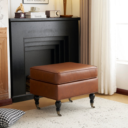 PU Leather Ottoman with Solid Wood Legs and Casters, Brown