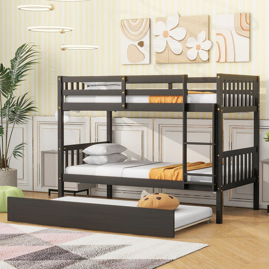 Twin Over Twin Rubber Wood Bunk Bed with Trundle, Convertible into Twin Size Beds, Twin Size Bunk Bed with Ladder and Safety Guardrails,Espresso SolidRoot Buy Furniture USA