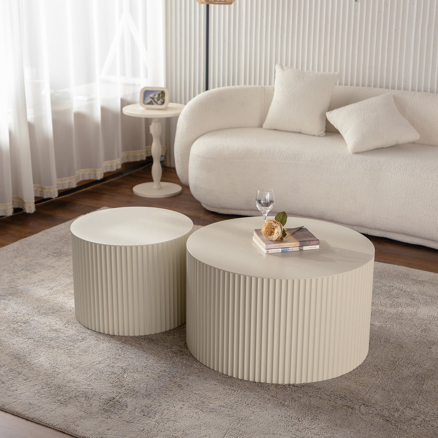 Beige Nesting Coffee Table Set of 2 Modern Drum Side Table End Table Wave Stripe Round Coffee Table for Living Room