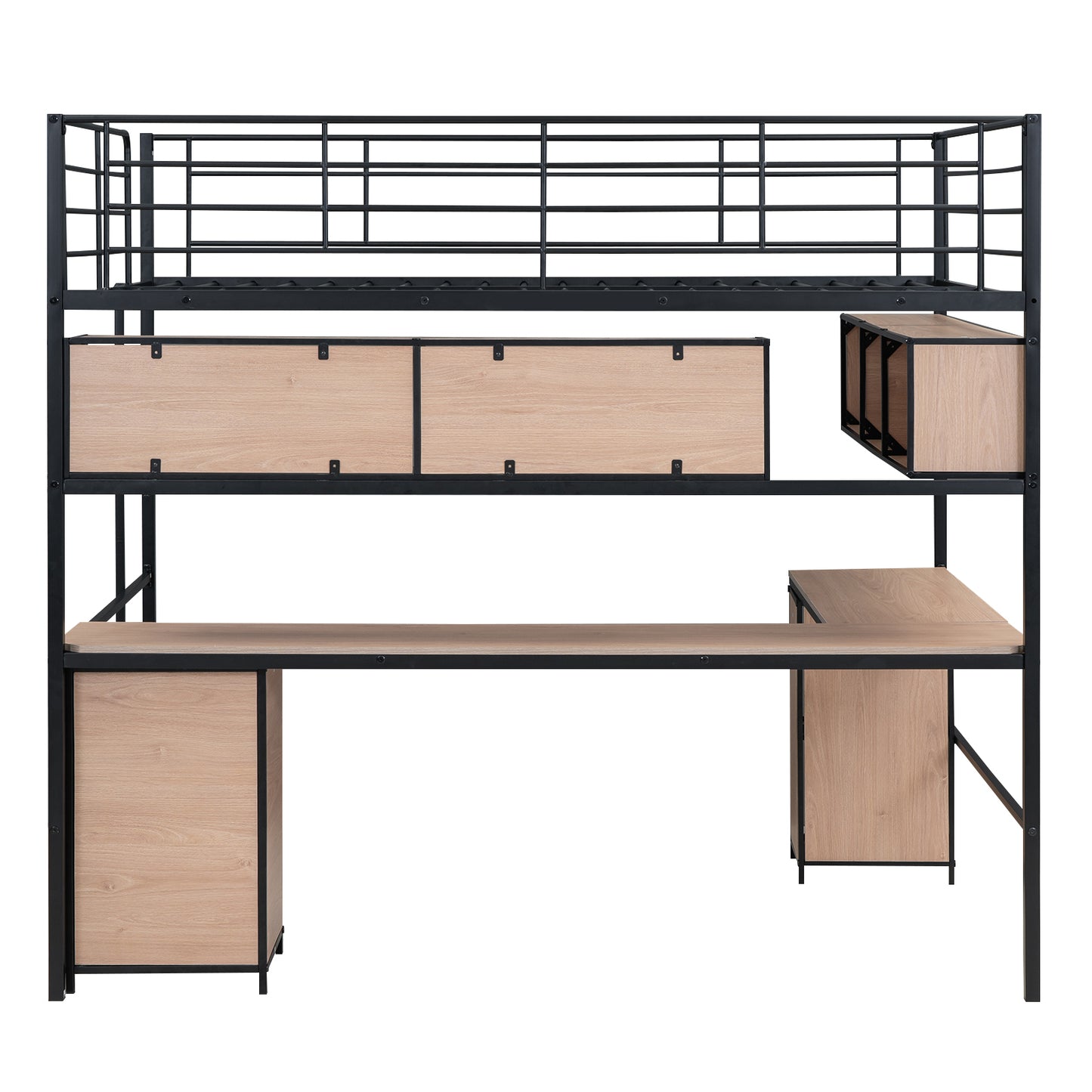 Metal Loft Bed with bookcase, desk and cabinet, Full, Black