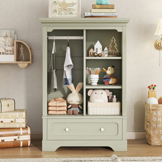 Open children's wardrobe with a hanging rod and open shelves, one large drawer, low design close to the ground for easy access,Green.