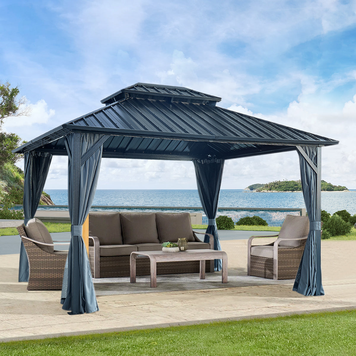 12' X 12' Hardtop Gazebo with Galvanized Steel Double Roof, Sturdy Aluminum Frame, Curtains, and Netting for Patio, Lawn, and Garden SolidRoot Buy Furniture USA