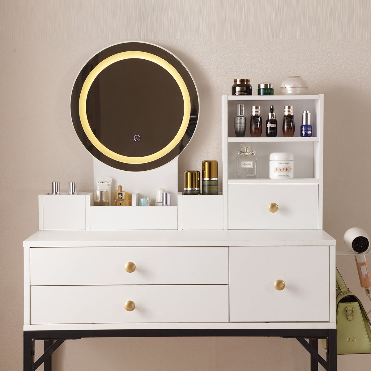 Vanity Desk with Lighted Mirror & Power Outlet, Makeup Vanity Desk with Drawers and Cabinet, Sturdy Iron Bracket, Make up Vanity Table for Bedroom, White