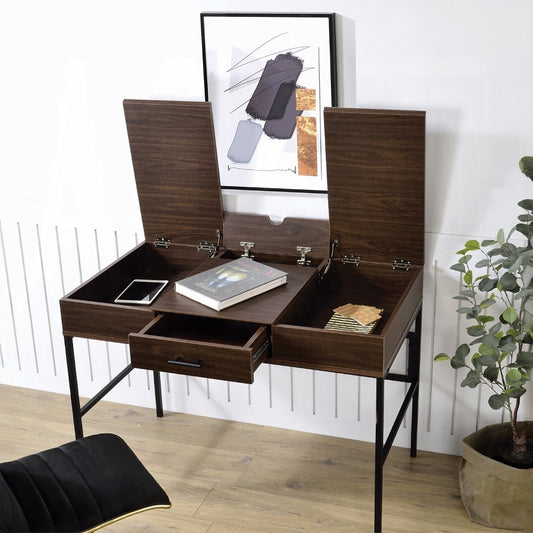 Oak and Black 1-Drawer Writing Desk with USB Port