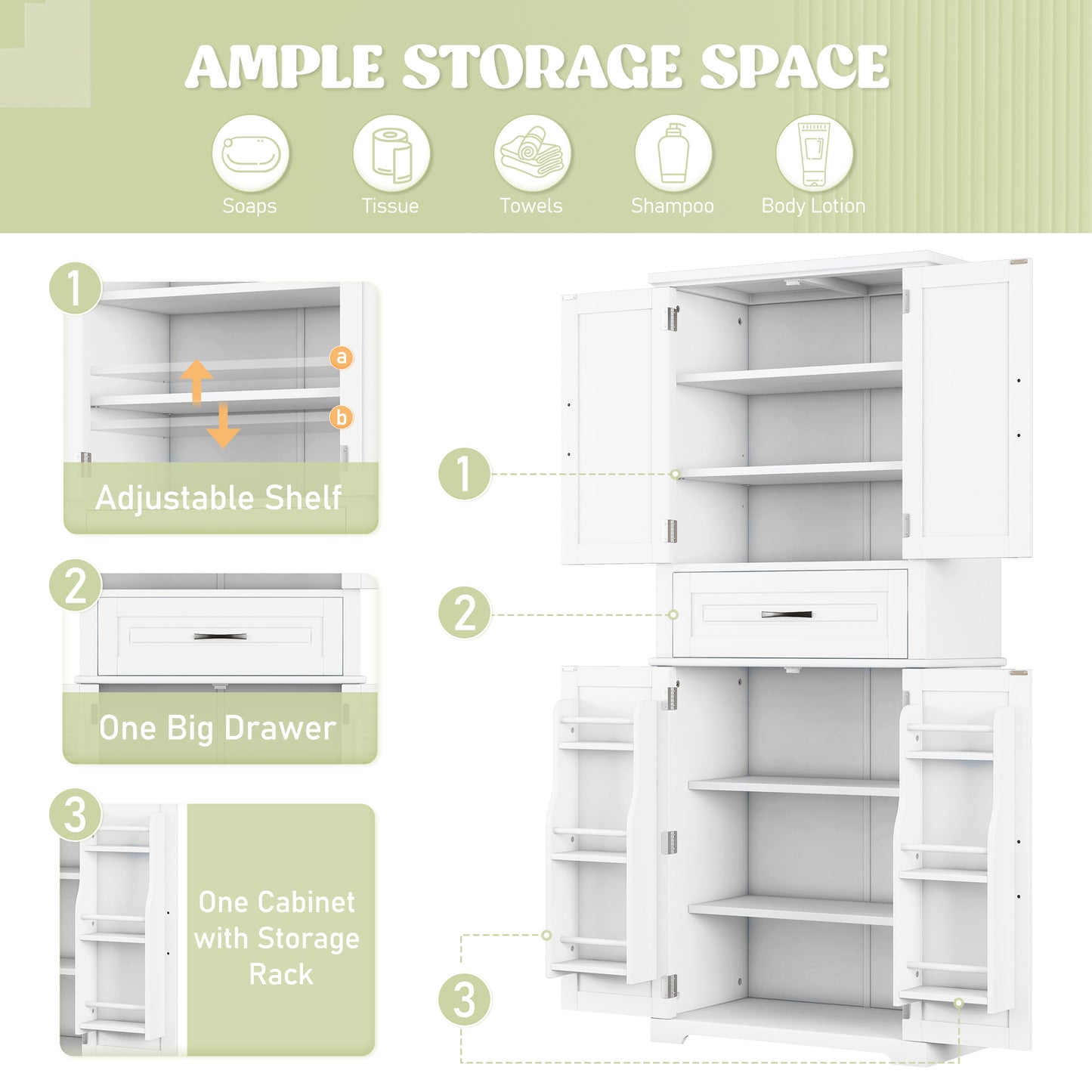 Bathroom Storage Cabinet with Multi-Functional Storage Space, Drawer with Slide Rails, Adjustable Shelf, White