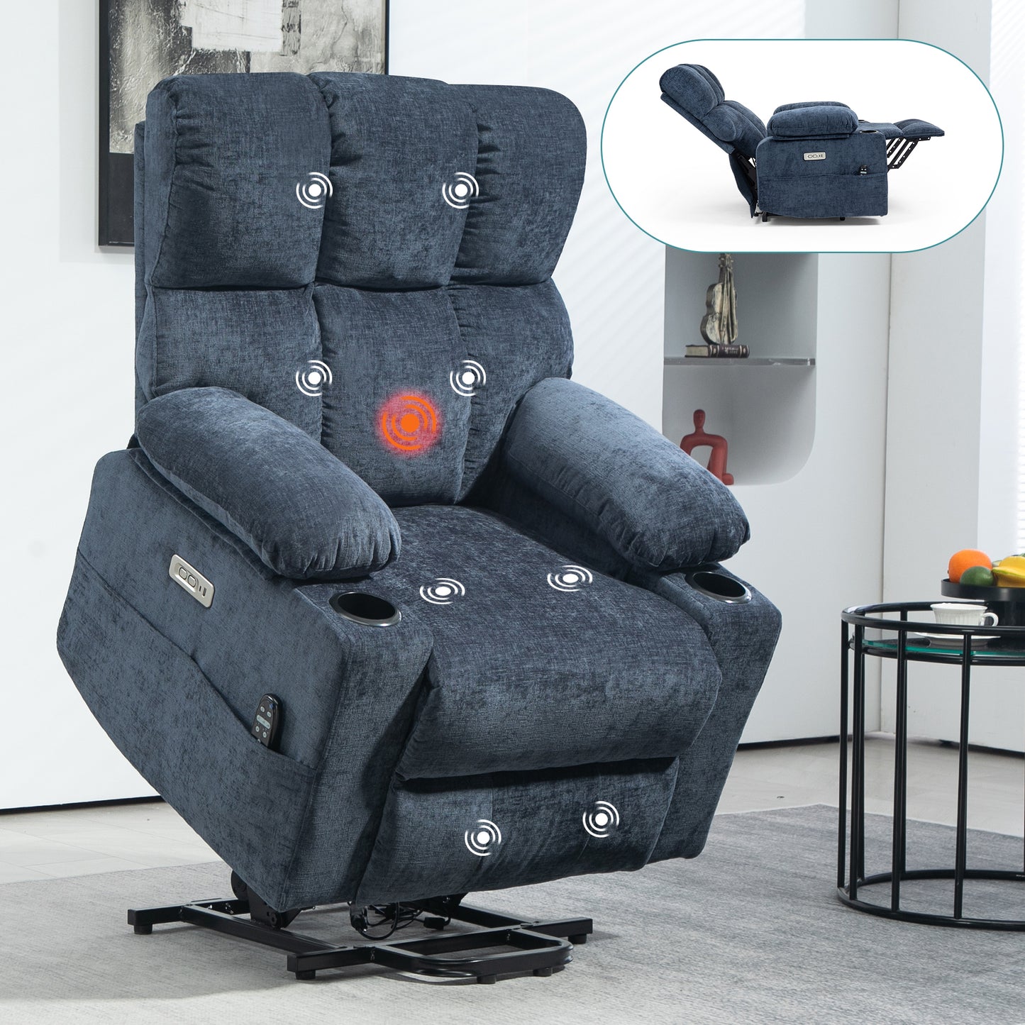 [Video provided] Large Power Lift Recliner Chair Sofa with Massage and Heat for Big and Tall Elderly People,  8-Point Vibration Massage and Lumbar Heating, Two Cup Holders and USB Charge Port, Blue