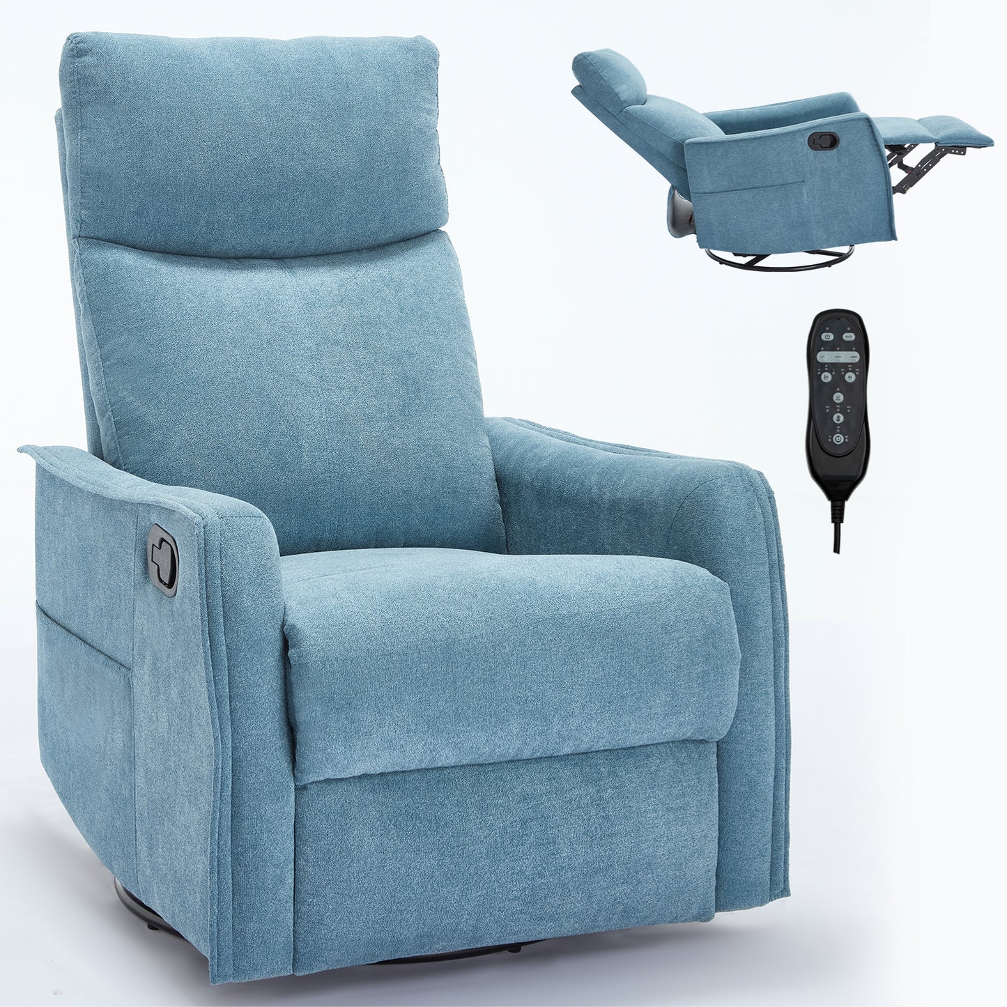 Heat Massage Manual Recliner Chair with Rocker and Swivel in Fabric for Living Room, Blue