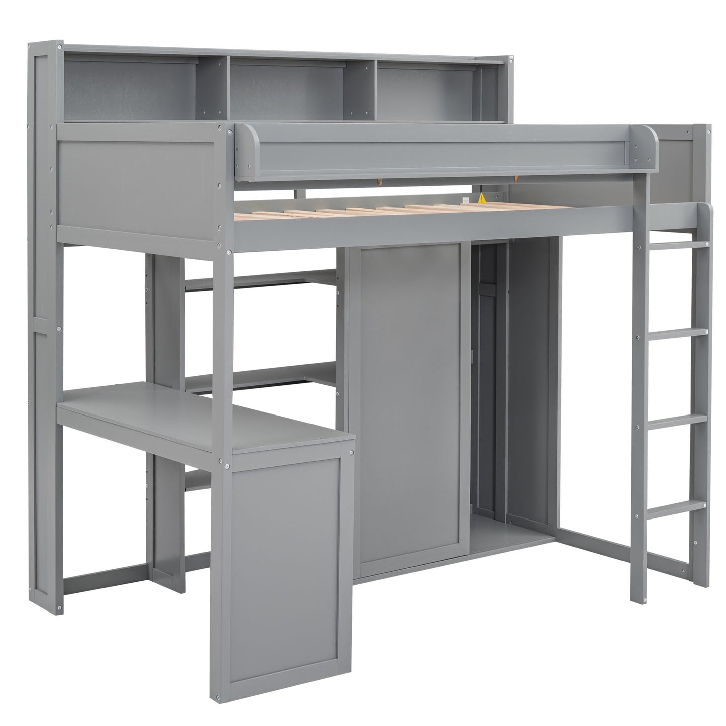 Wood Twin Size Loft bed with Multiple Storage Shelves and Wardrobe, Gray