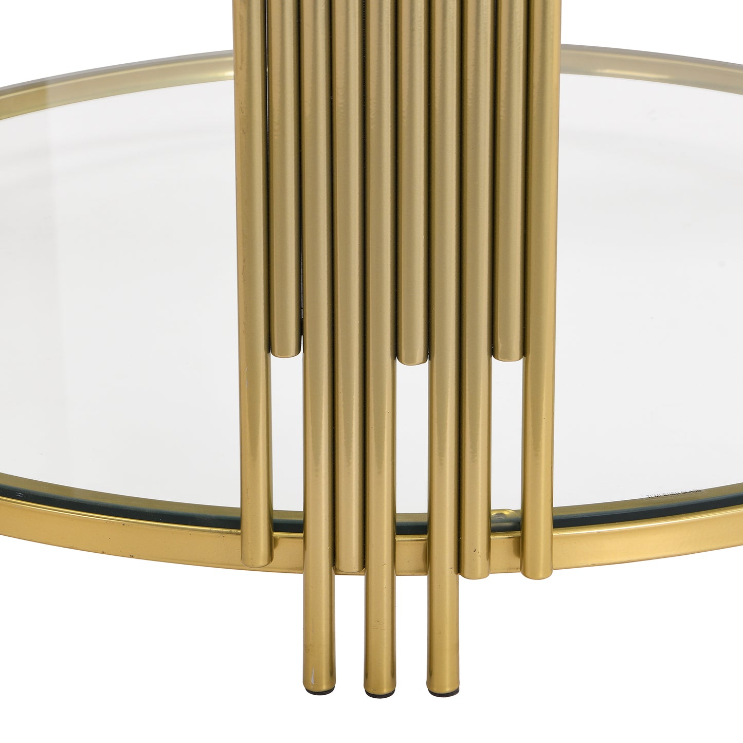 Modern Glass Coffee Table in 31.5", Asymmetrical Metal, Circular Metal Drum Base, Gold Finish & Lower Shelf