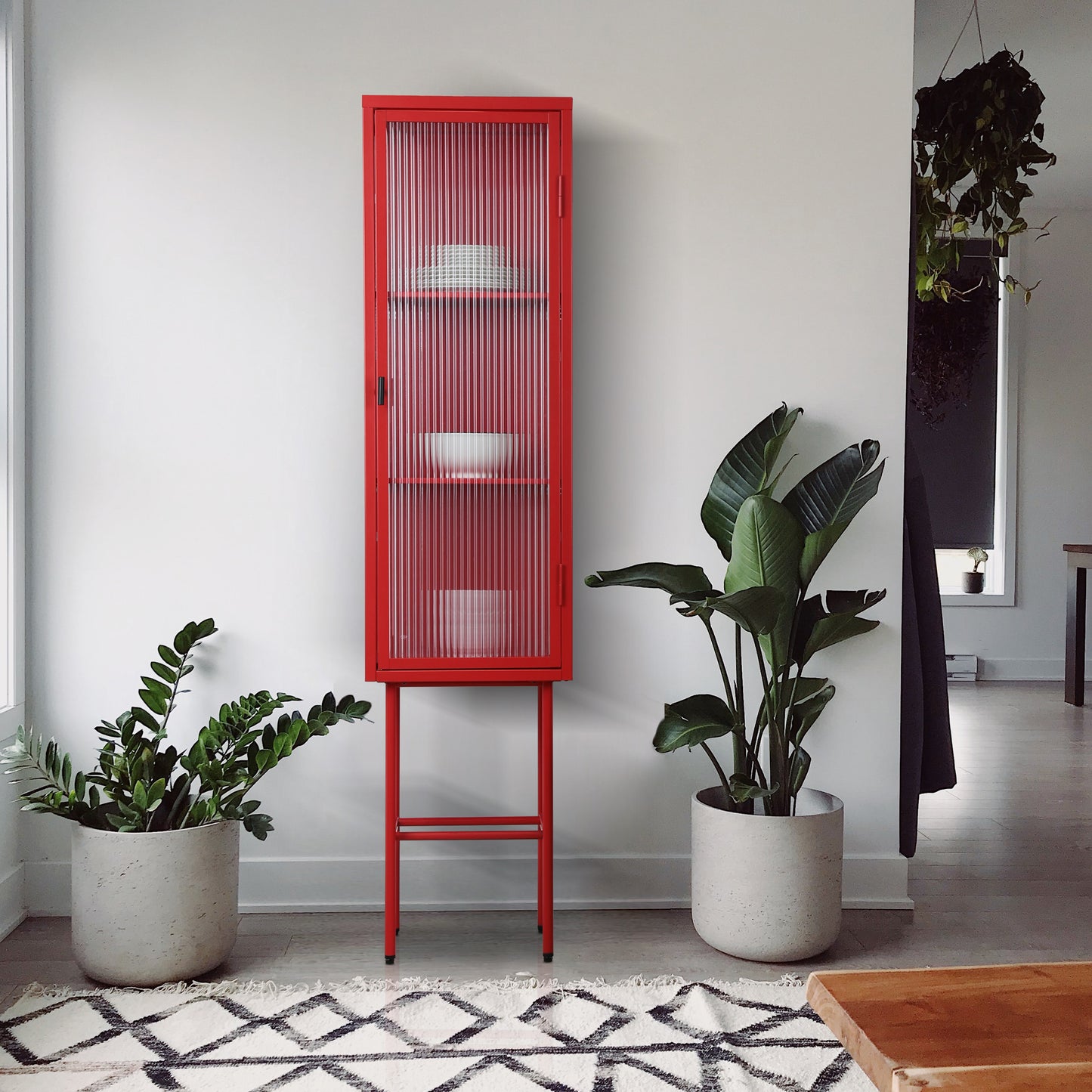 Retro Style Freestanding Metal Tall Display Cupboard with Glass Door and Three Detachable Shelves for Office, Living Room, Kitchen Console Sideboard,Bedside Entryway RED (OLD SKU:W68751719)