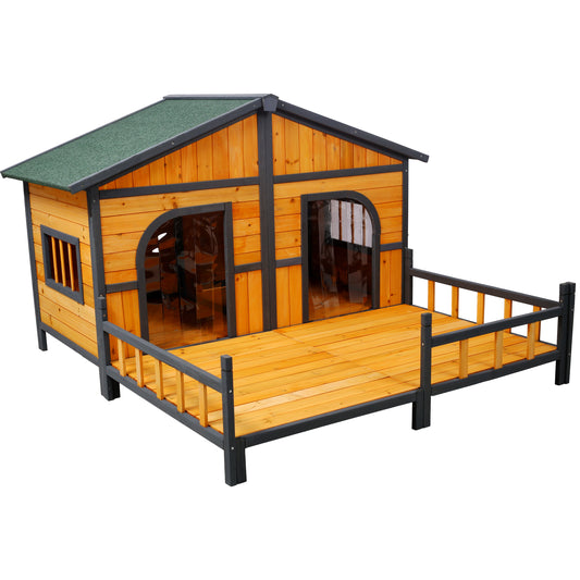 Wooden Large Dog House Outdoor Double XL Dog Kennel with Elevated Floor and Porch, Weatherproof Puppy Shelter for Small and Medium Breed Dogs, Natural