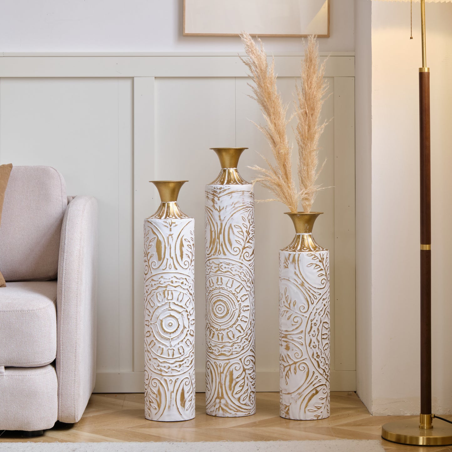 Floor Metal Vases Decorated White Metal vases Set of 3 gorgeous home decoration large glazed metal vases 24in/28.7in/33.5in height