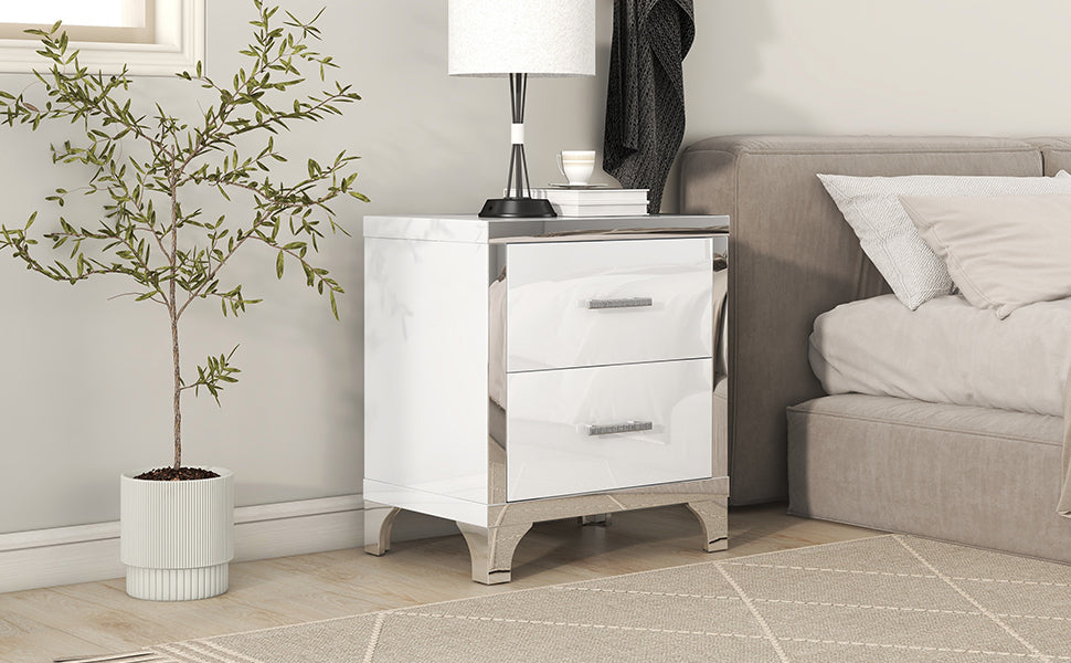 Elegant High Gloss Nightstand with Metal Handle,Mirrored Bedside Table with 2 Drawers for Bedroom,Living Room,White