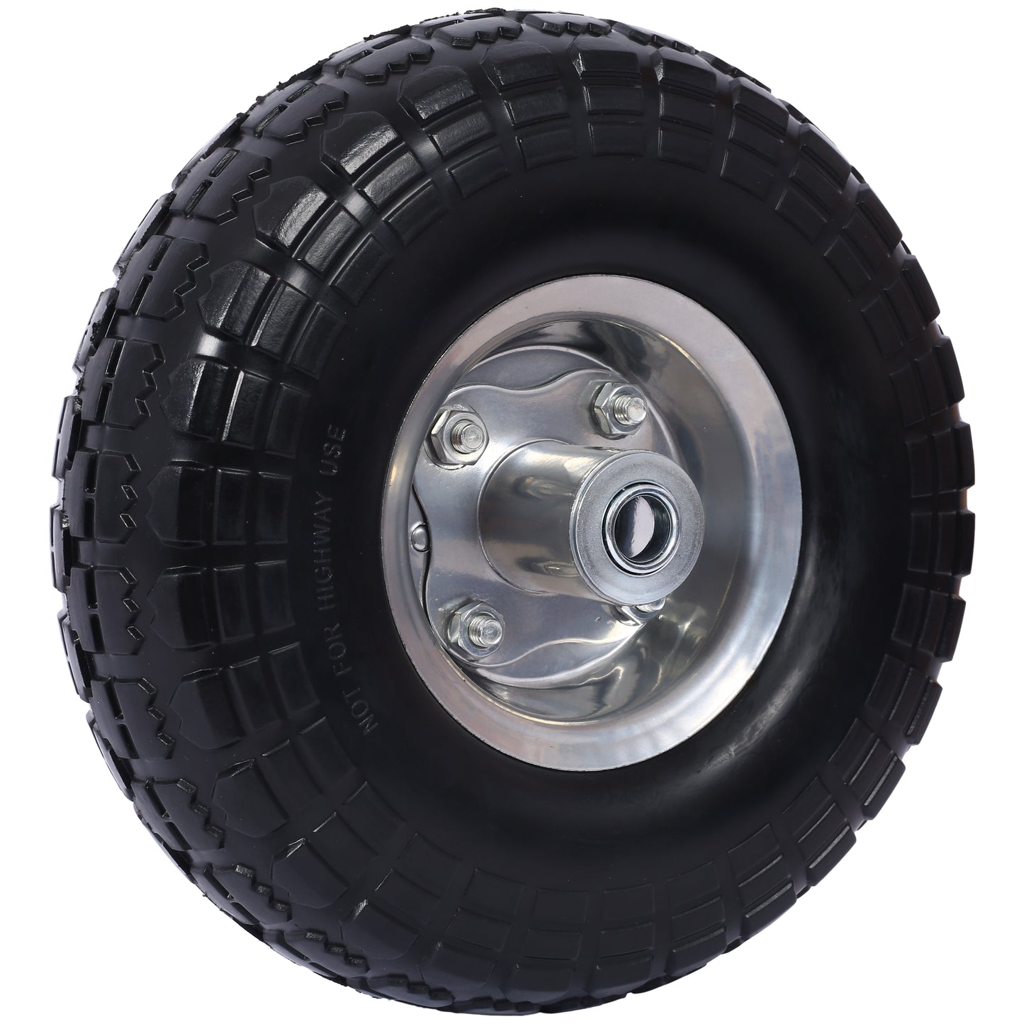 Heavy-Duty Flat free PU foam Tire and Wheel - 4.10/3.50-4",  10" Diameter, 5/8" Axle Bore Hole, 2.2" Offset Hub and Double Sealed Bearings for Hand Trucks Replacement, Black color with silver rim