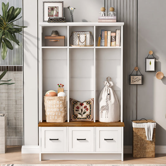 U-Can Modern Hall Tree with Entryway Bench, 3 Shelves and Drawers, 40.2'' Wide Hall Tree with Storage Bench for Hallway, Entryway, Living Room SolidRoot Buy Furniture USA