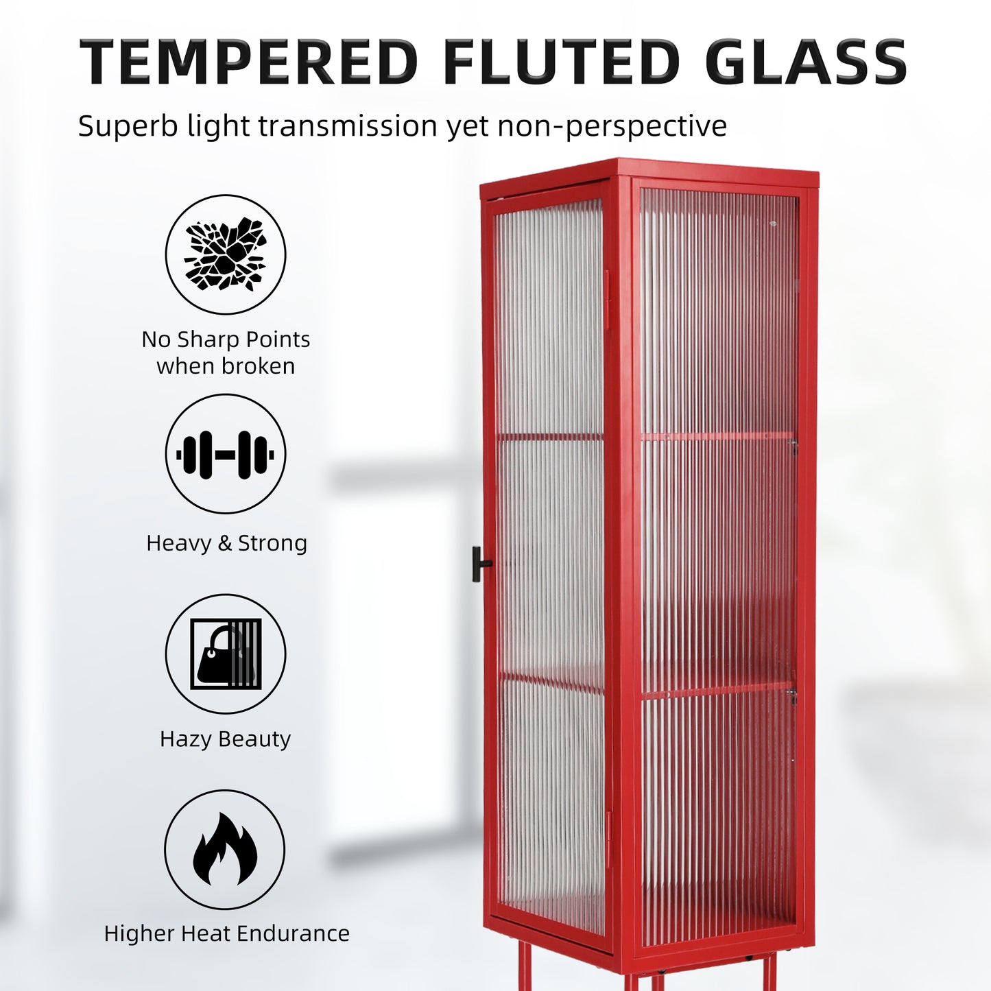 Retro Style Freestanding Metal Tall Display Cupboard with Glass Door and Three Detachable Shelves for Office, Living Room, Kitchen Console Sideboard,Bedside Entryway RED (OLD SKU:W68751719)