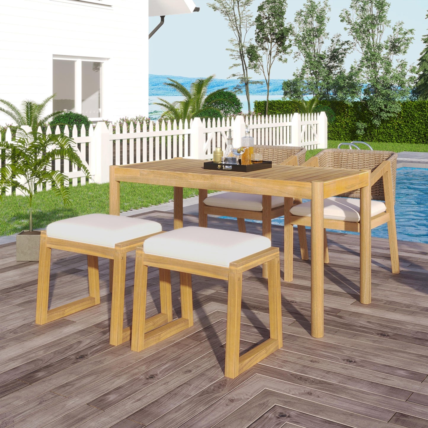 Acacia Wood Outdoor Dining Set of 5, Patio Dining Furniture Set with 1 Table 2 Benches 2 Chairs, Teak and  Beige