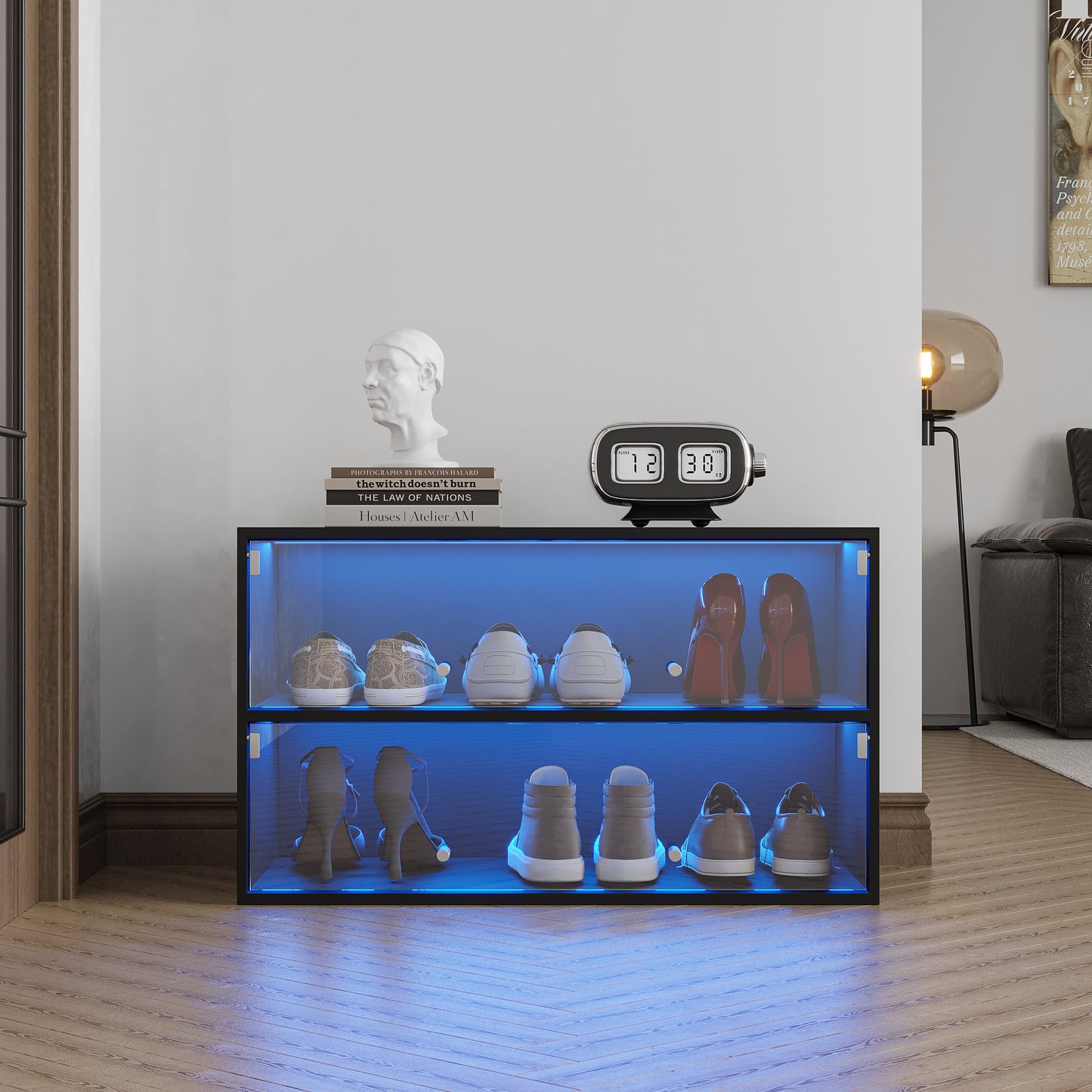 Black Glass Door Shoe Box Shoe Storage Cabinet  With RGB Led Light