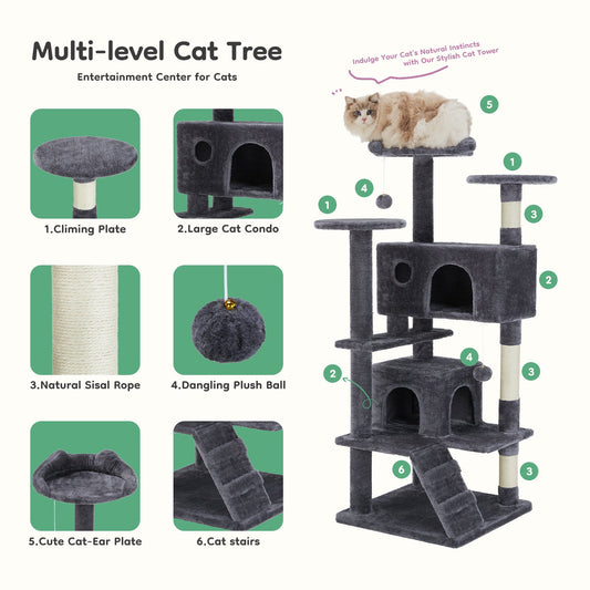 54in Cat tree, indoor cat high-rise multi-story tower, pet playroom with large apartment, dark grey Livingsource