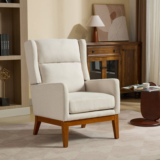 26.18' Wide Modern Accent Chair,Polyester Blend High Back Reading Chair ,Upholstered Armchair Club Chair,Single Sofa with Wood Legs for Living Room,Bedroom,Reading Room,Office,Beige SolidRoot Buy Furniture USA