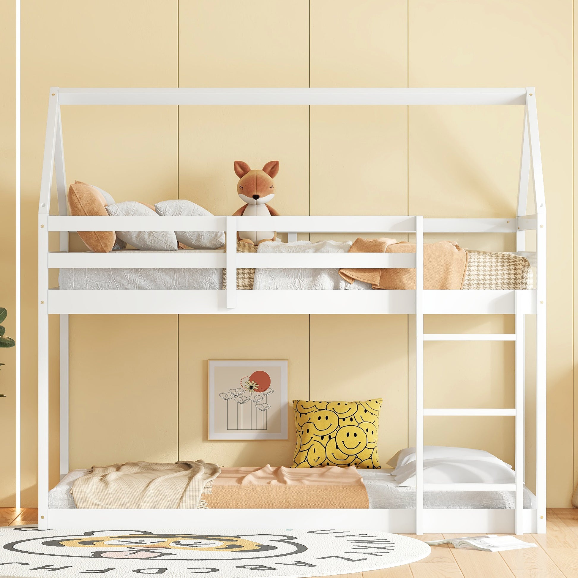 Twin over Twin Rubber Wood Floor Bunk Bed, with ladder,Guardrails,House-Shaped-Bunk Bed,White SolidRoot Buy Furniture USA