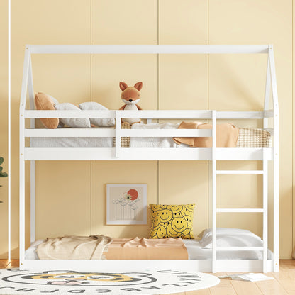 Twin over Twin Rubber Wood Floor Bunk Bed, with ladder,Guardrails,House-Shaped-Bunk Bed,White SolidRoot Buy Furniture USA