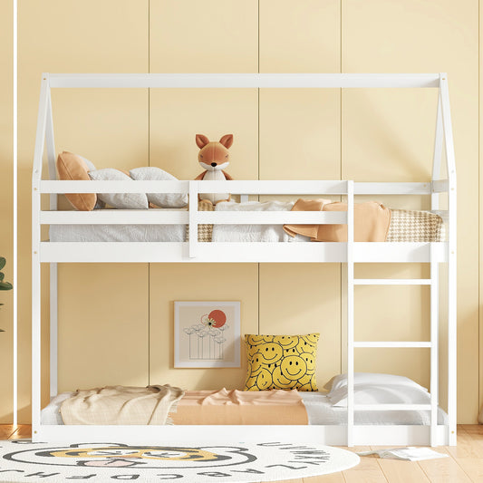 Twin over Twin Rubber Wood Floor Bunk Bed, with ladder,Guardrails,House-Shaped-Bunk Bed,White SolidRoot Buy Furniture USA