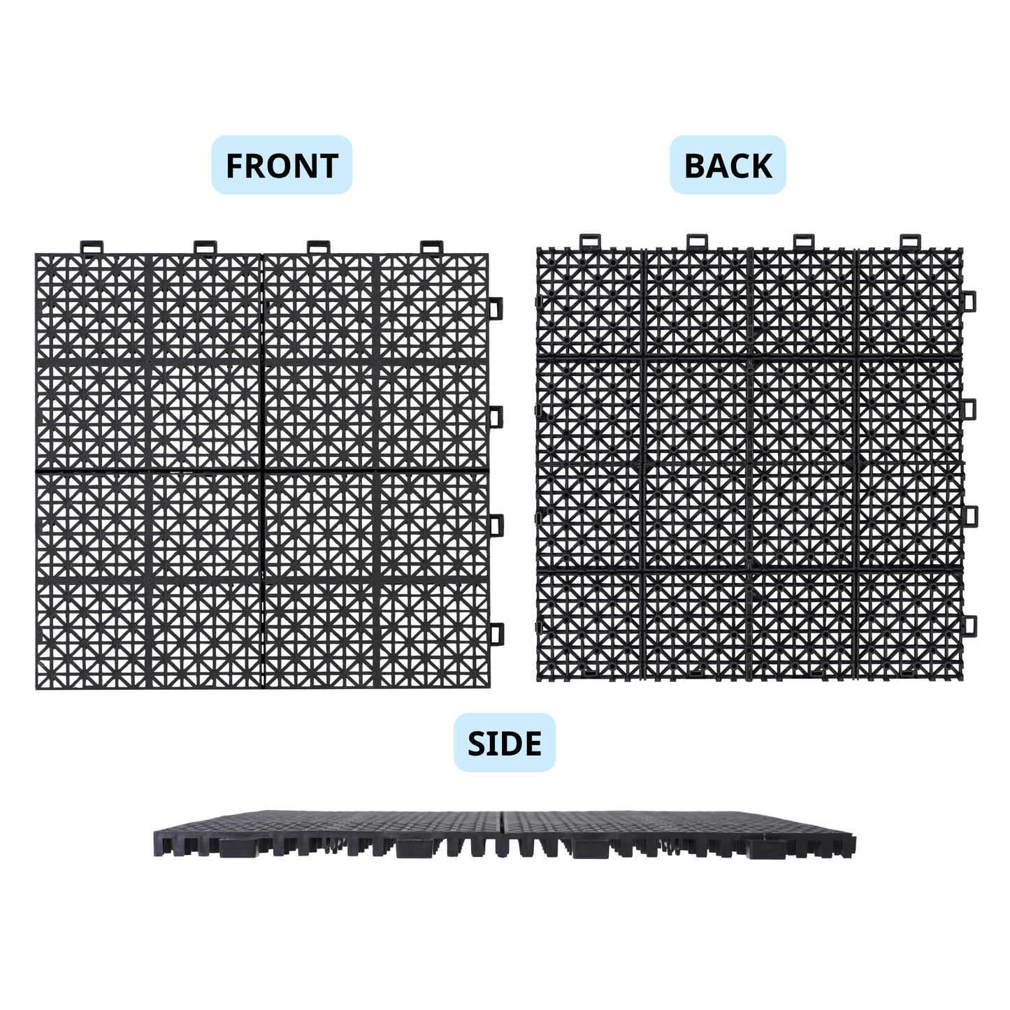 12 x 12 Inch Black Interlocking Deck Tiles Plastic Waterproof Outdoor All Weather Anti-slip Bathroom Shower Balcony Porch Strong Weight Capacity Upto 6613 LBS, Rosette Pattern Pack of 24