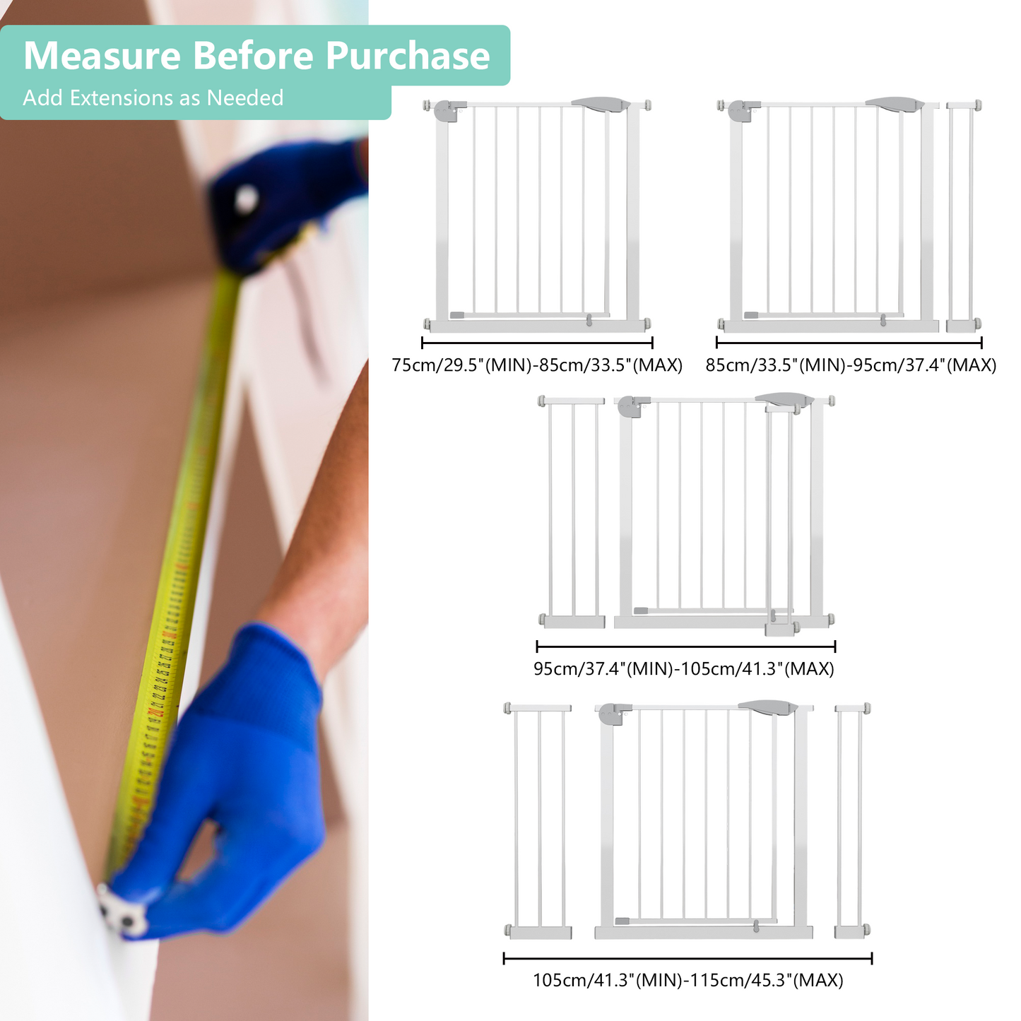 29.5-45.3" Wide Baby Gate for Stairs, Dog Gate Indoor for Doorways, No Drilling Pressure Mounted Pet Gates for Kids, Easy Walk Through Safety Gate, White