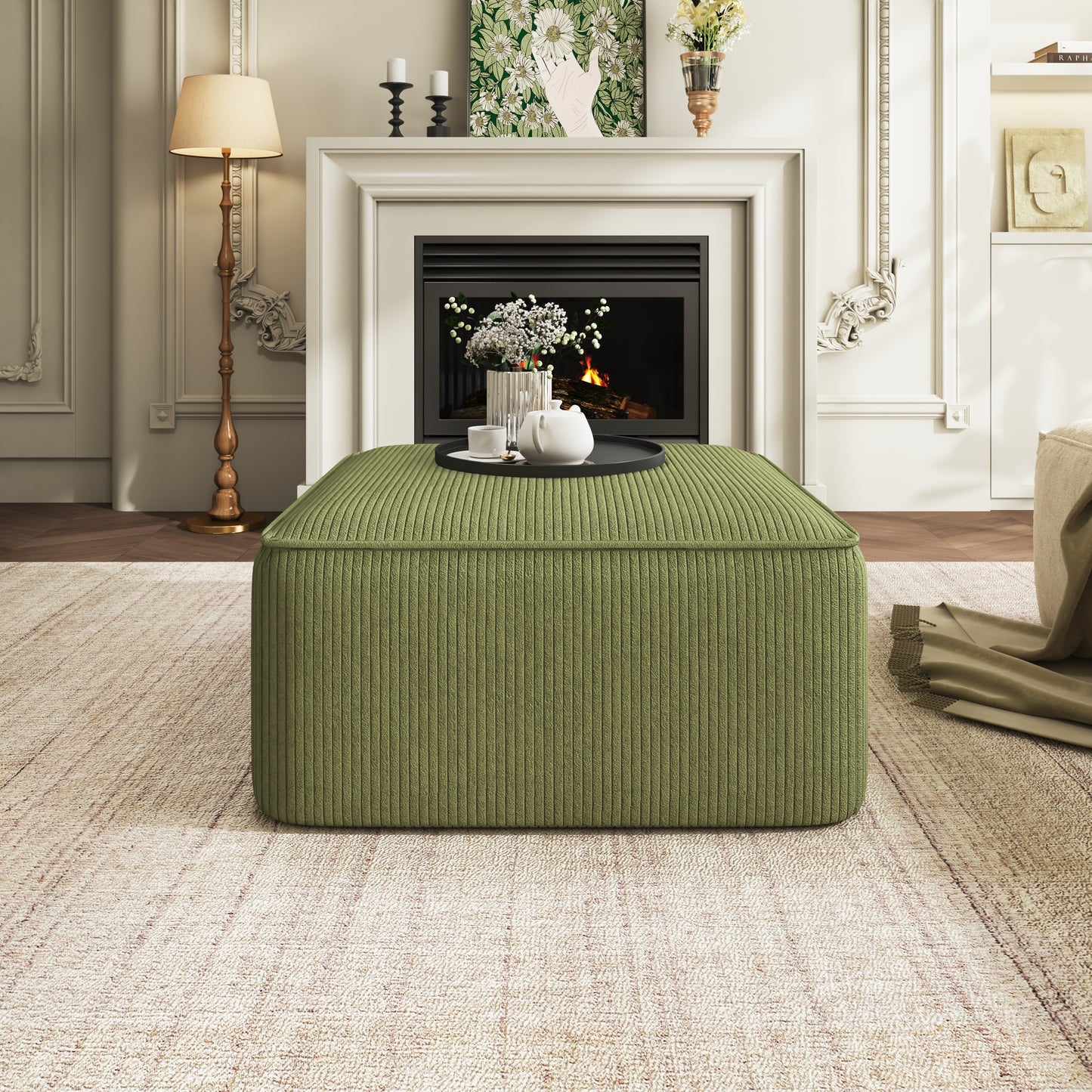 ISABELLA Square Ottoman, Olive Green, Corduroy