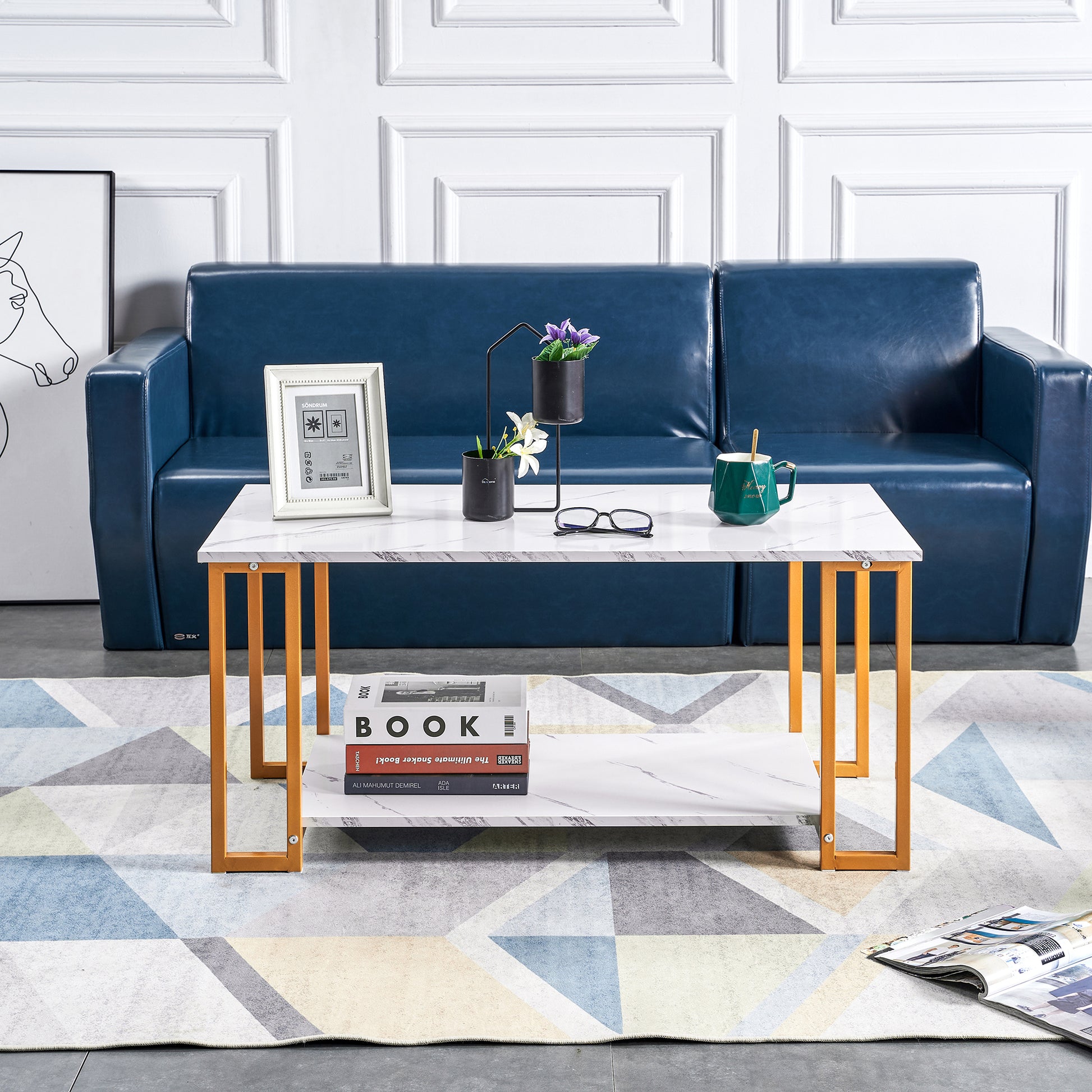 D&N Coffee Table, 2 Layers 1.5cm Thick Marble MDF Rectangle 39.37' L Tabletop Iron Coffee Table , Dining Room, Coffee Shop, Resterant, White Top, Gold Leg SolidRoot Buy Furniture USA