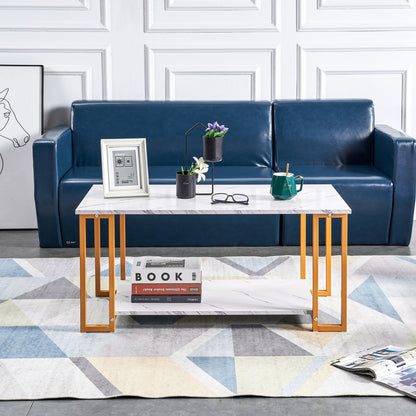 D&N Coffee Table, 2 Layers 1.5cm Thick Marble MDF Rectangle 39.37' L Tabletop Iron Coffee Table , Dining Room, Coffee Shop, Resterant, White Top, Gold Leg SolidRoot Buy Furniture USA