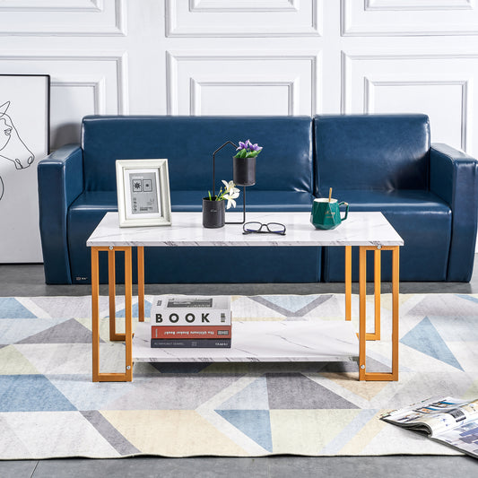 D&N Coffee Table, 2 Layers 1.5cm Thick Marble MDF Rectangle 39.37' L Tabletop Iron Coffee Table , Dining Room, Coffee Shop, Resterant, White Top, Gold Leg SolidRoot Buy Furniture USA