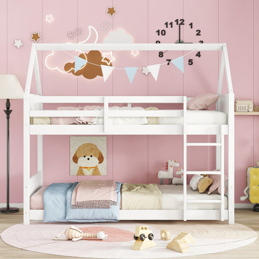 Twin Over Twin House Floor Bunk Bed with Headboards, Footboards and Guardrails, Ladder, Rubber Wood Bunk Bed with Safety Guardrails,White SolidRoot Buy Furniture USA