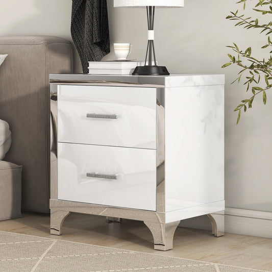 Elegant High Gloss Nightstand with Metal Handle,Mirrored Bedside Table with 2 Drawers for Bedroom,Living Room,White Livingsource
